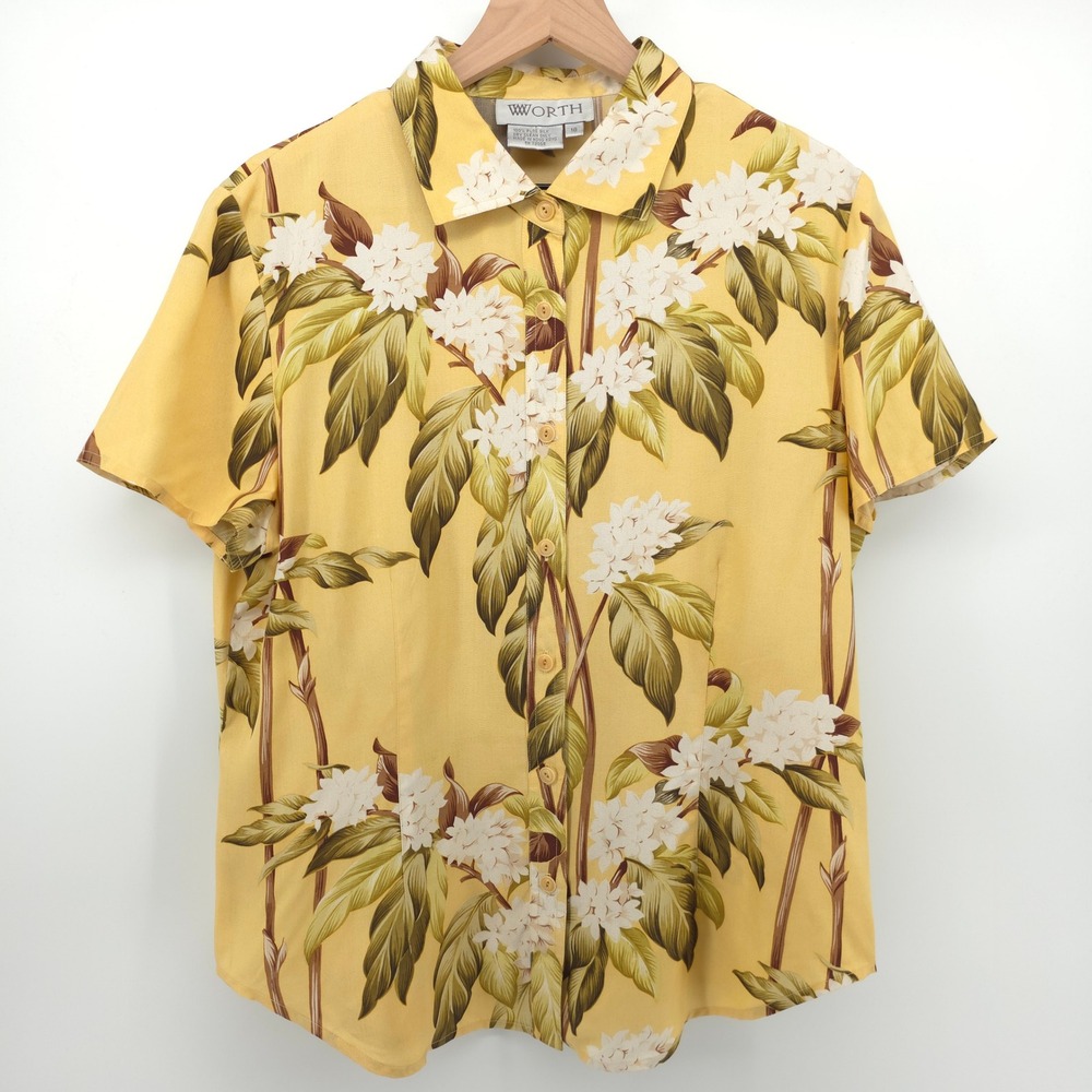 Worth Womens Button Up Shirt Size 16 Yellow Floral 100% Silk Tropical Blouse
